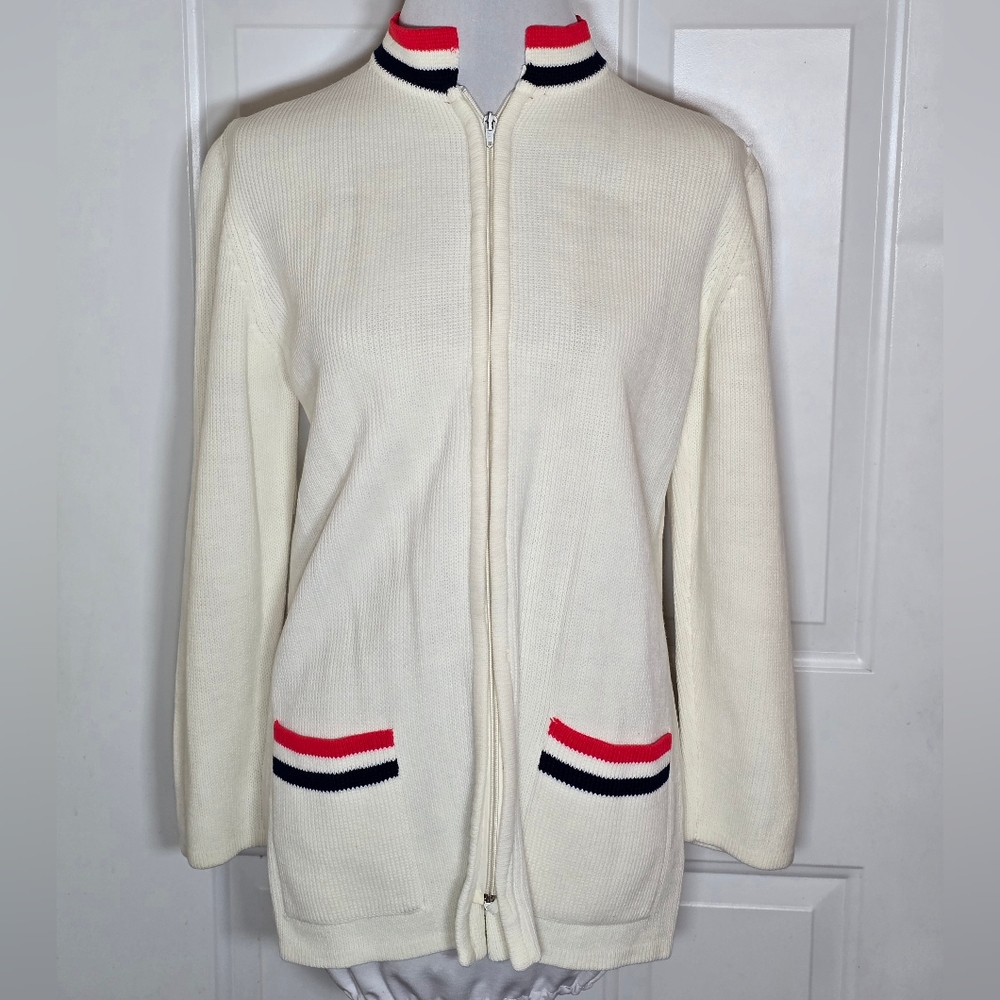 Cream Zip-Up Cardigan with Red and Black Stripes